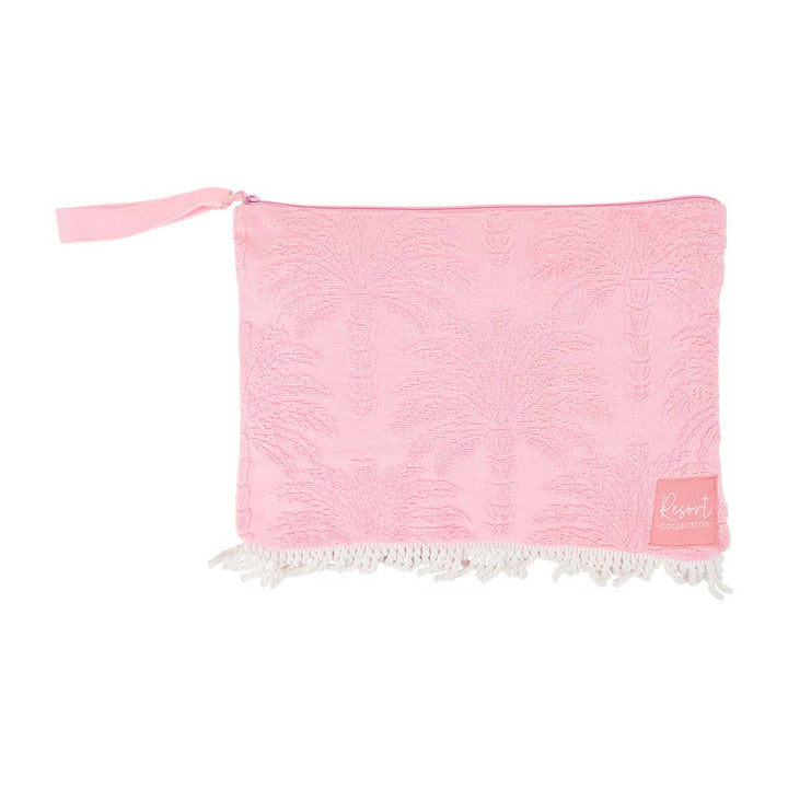 Pink towel with white fringe and a brand logo on a white background