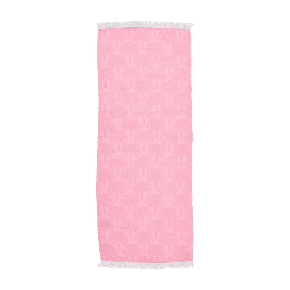 Pink towel with white border on a white background