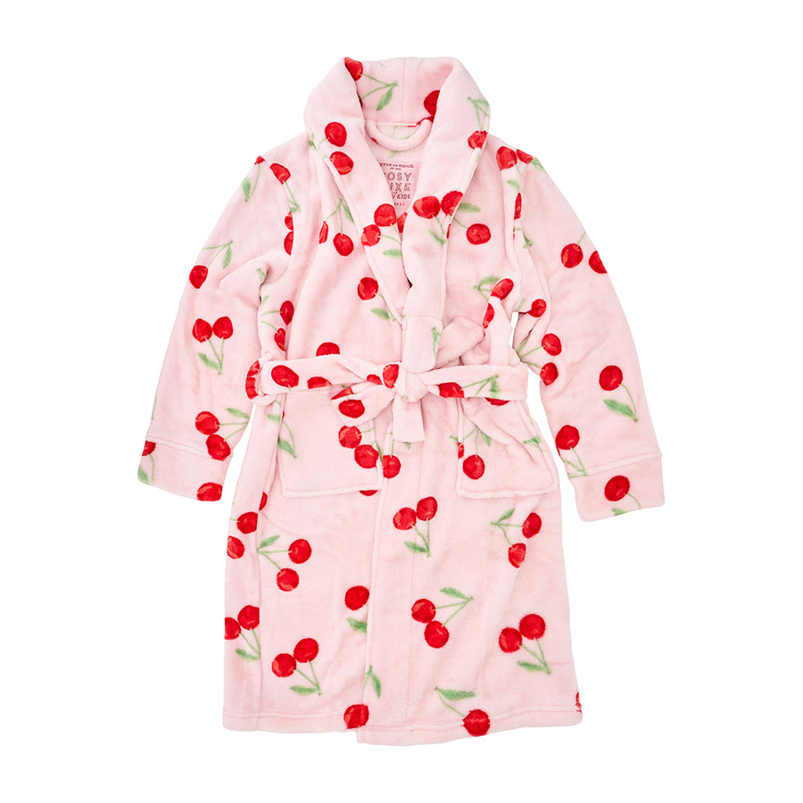 pink kids bath robe with red cherries