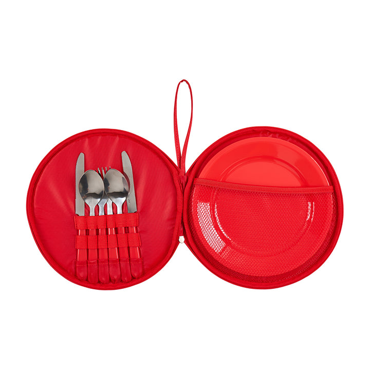 Annabel Trends Picnic Round Plate and cutlery set in Red Stripe