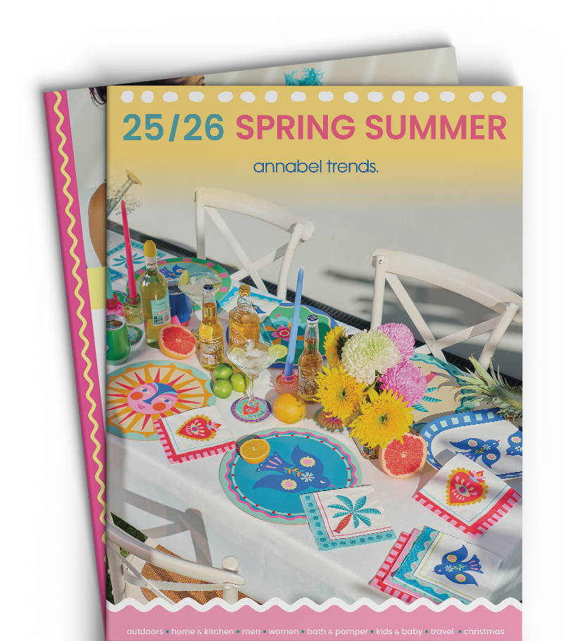 Spring Summer catalog cover with colorful table setting and 'annabel trends' branding