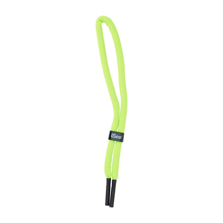 Neon green lanyard with black ends and 'iSee' branding on a white background