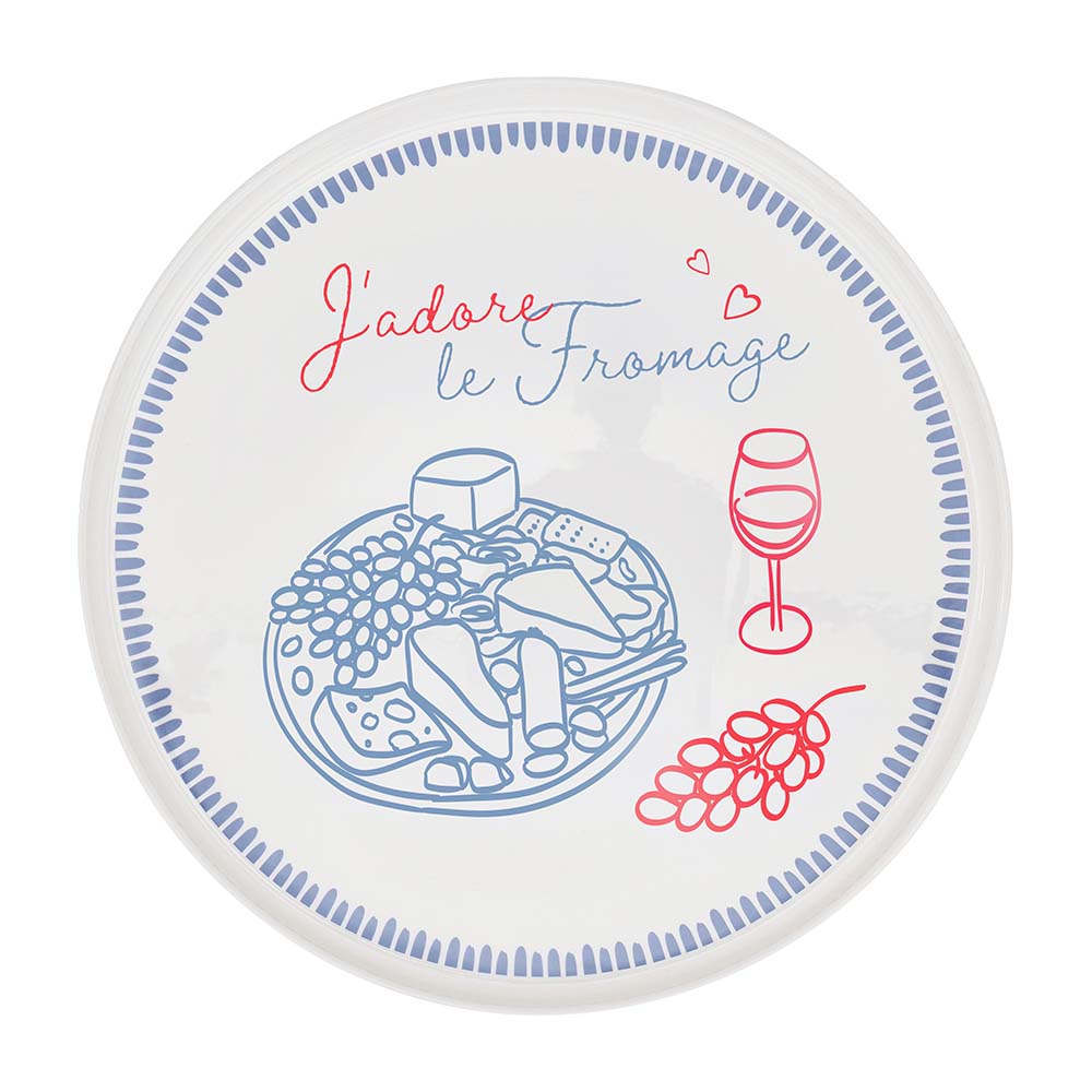 Decorative plate with cheese and wine illustrations and text 'J'adore le Fromage'.
