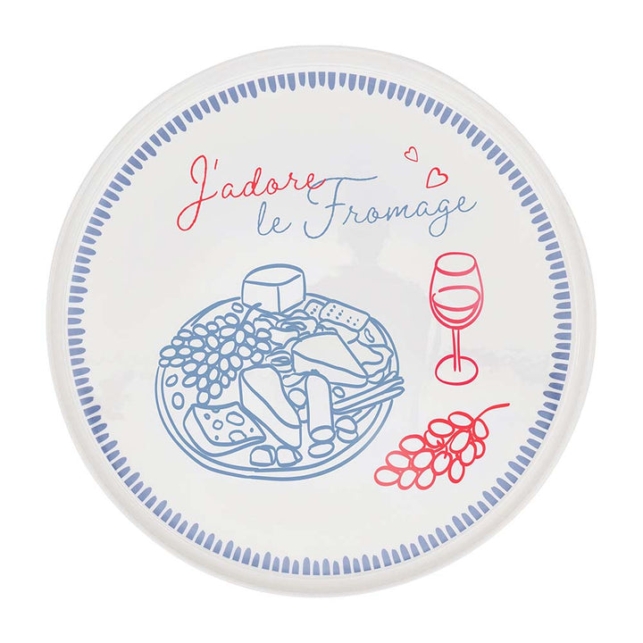Decorative plate with cheese and wine illustrations and text 'J'adore le Fromage'.