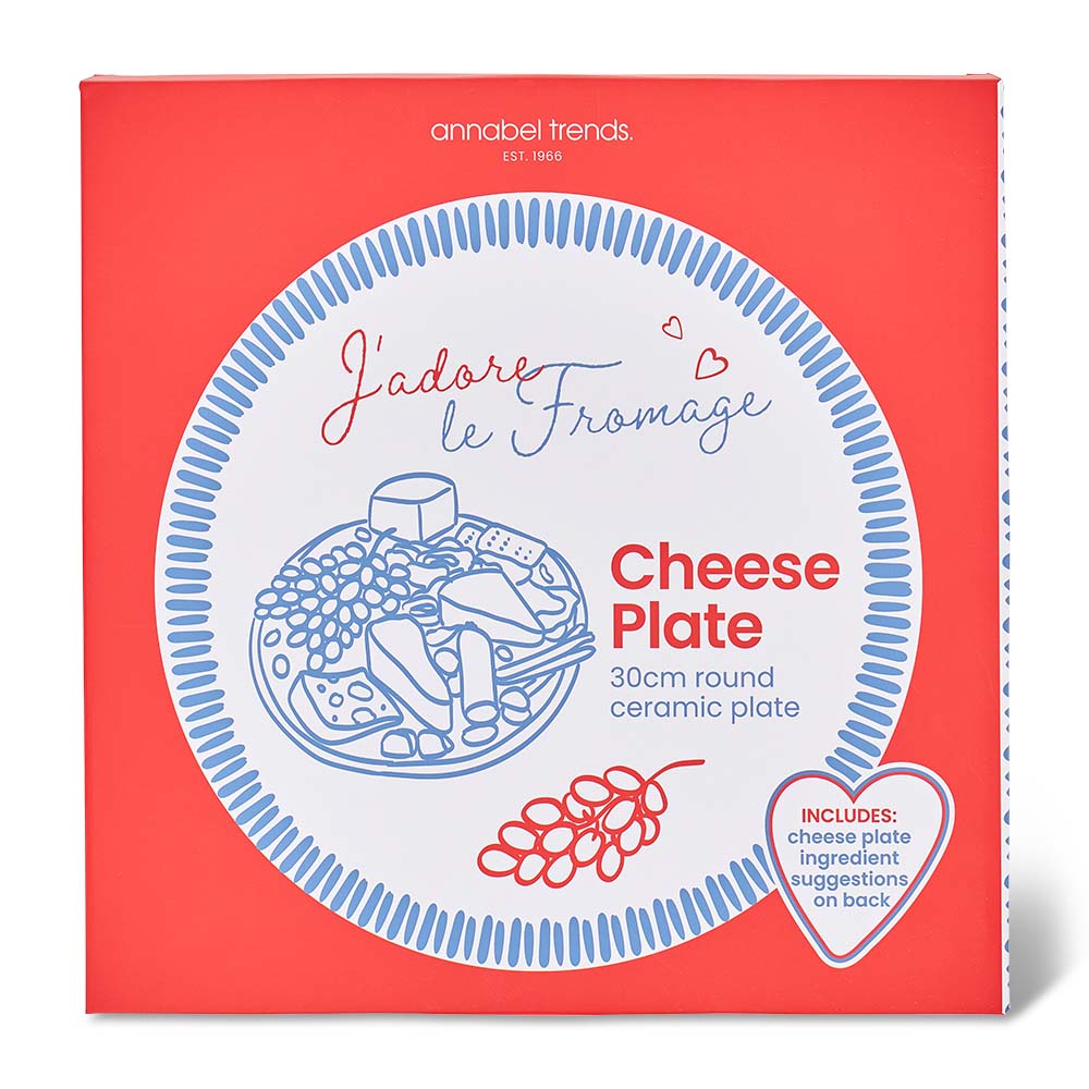 Packaging of a cheese plate with red and white design on a white background