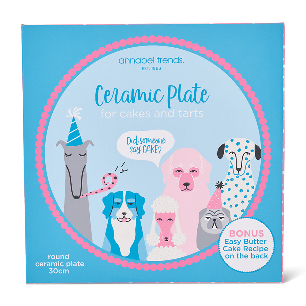ceramic serving plate for cakes with pastel coloured dog print in its box
