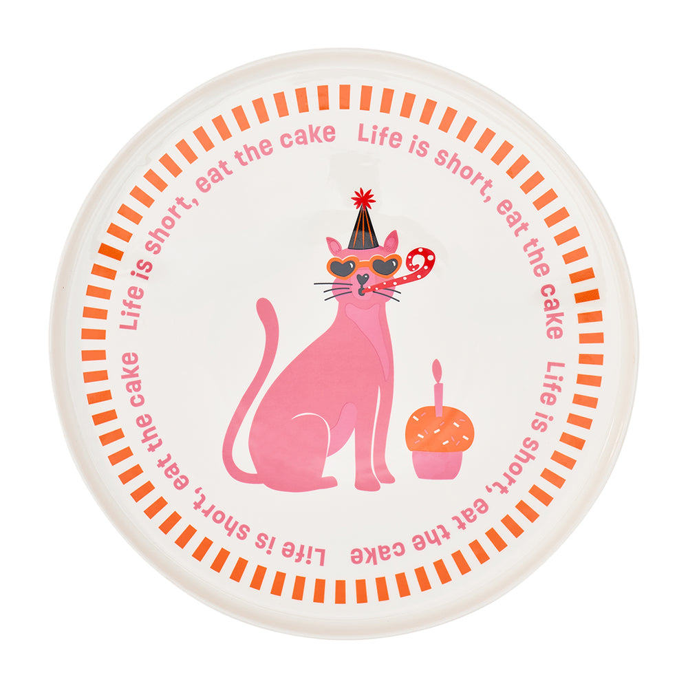 ceramic serving plate for cakes and tarts with pink cat blowing a party whistle and the words life is short, eat the cake