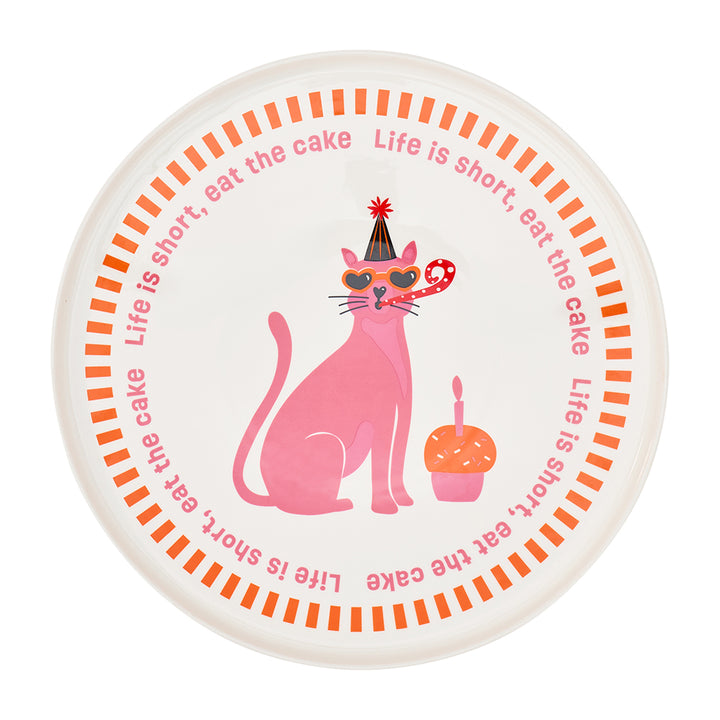 ceramic serving plate for cakes and tarts with pink cat blowing a party whistle and the words life is short, eat the cake