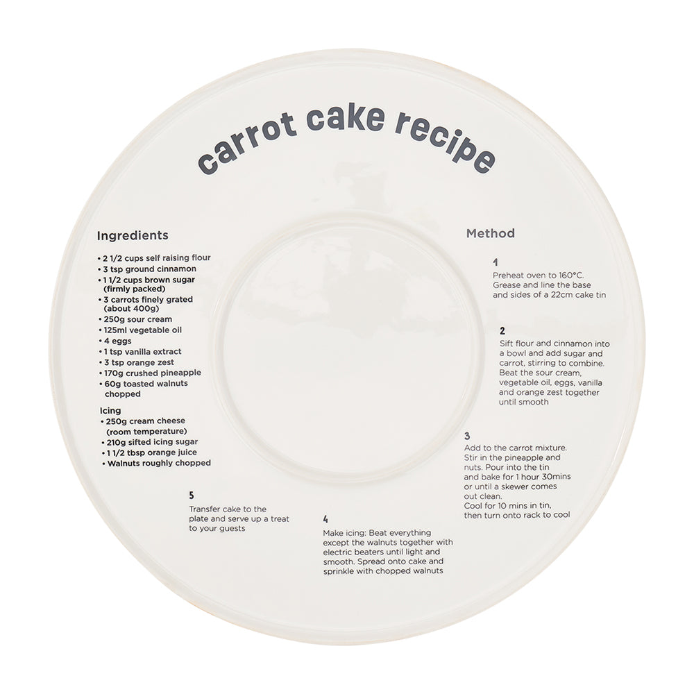 ceramic serving plate for cakes and tarts iwth a carrot cake recipe on the back