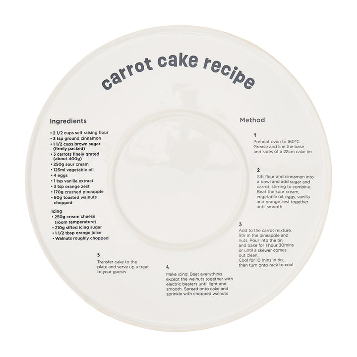 ceramic serving plate for cakes and tarts iwth a carrot cake recipe on the back