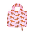 Pink reusable bag with dachshund pattern on a white background