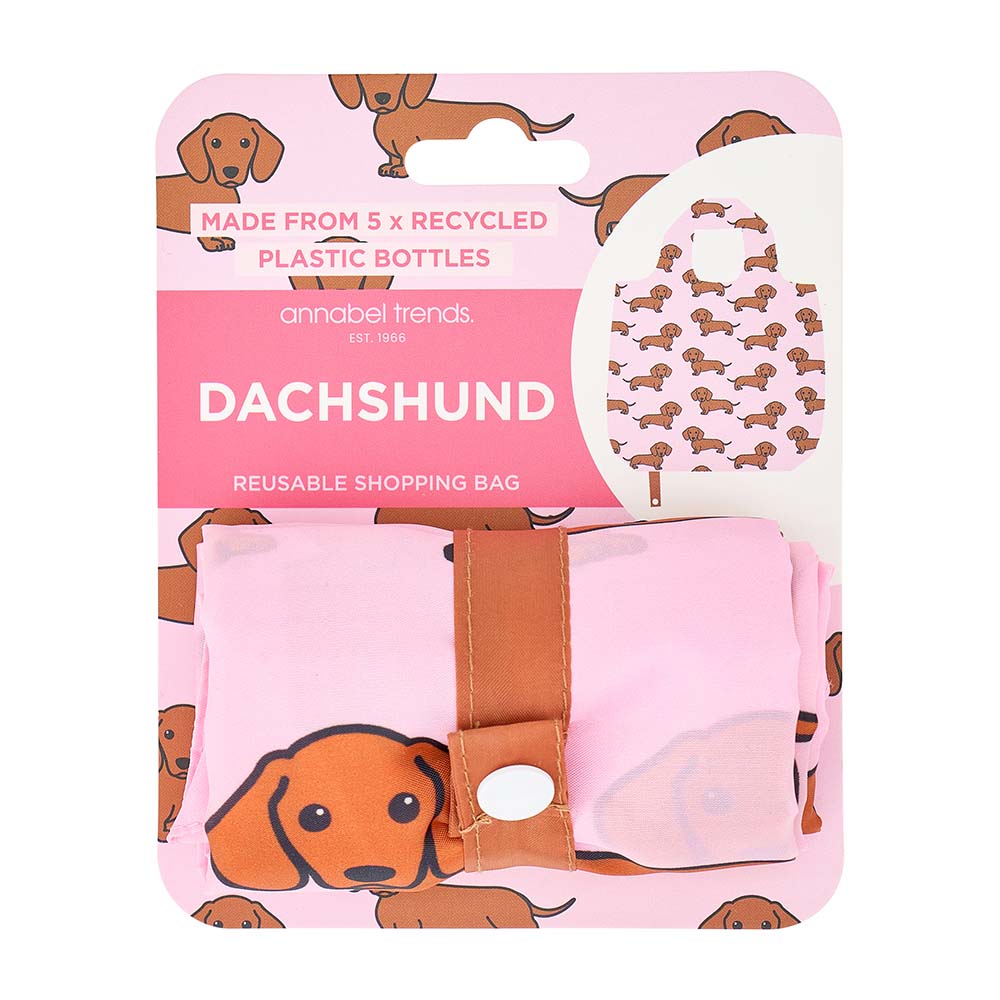Reusable shopping bag with dachshund pattern packaging on a pink background