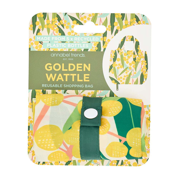 Reusable shopping bag with 'Golden Wattle' design and branding on packaging