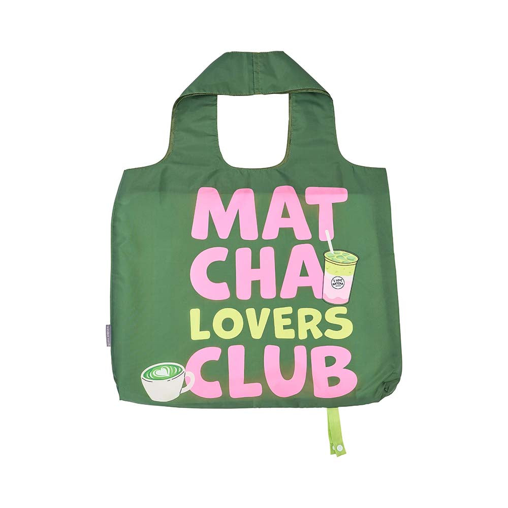 Green tote bag with 'Matcha Lovers Club' text and graphics on a white background