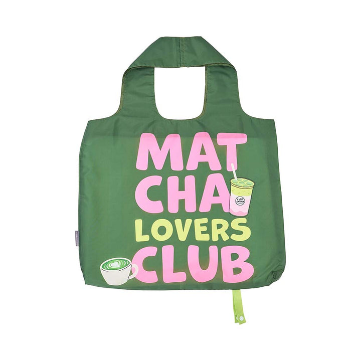 Green tote bag with 'Matcha Lovers Club' text and graphics on a white background