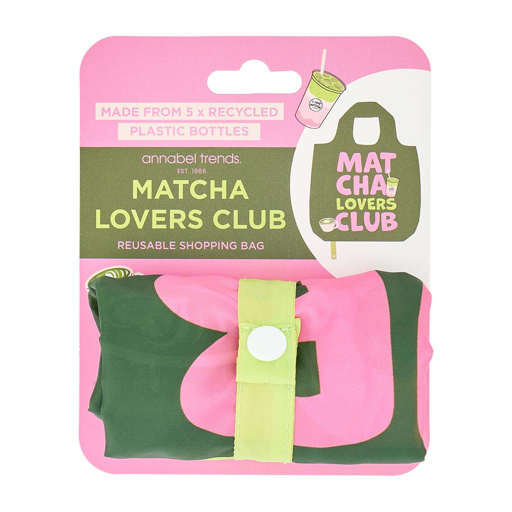 Reusable shopping bag with 'Matcha Lovers Club' branding on a pink packaging.