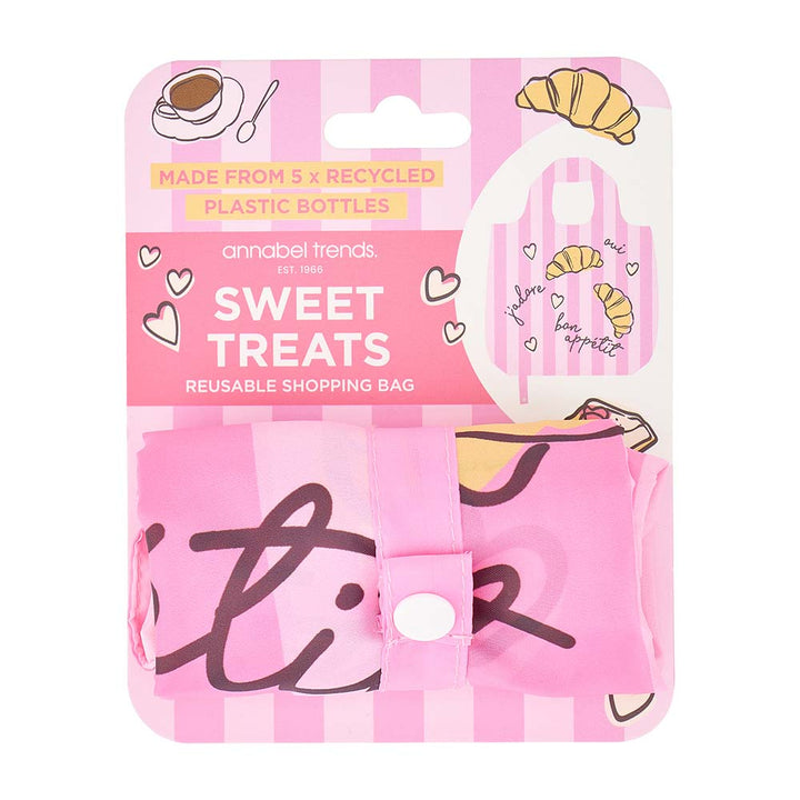Pink reusable shopping bag with 'Sweet Treats' text on packaging