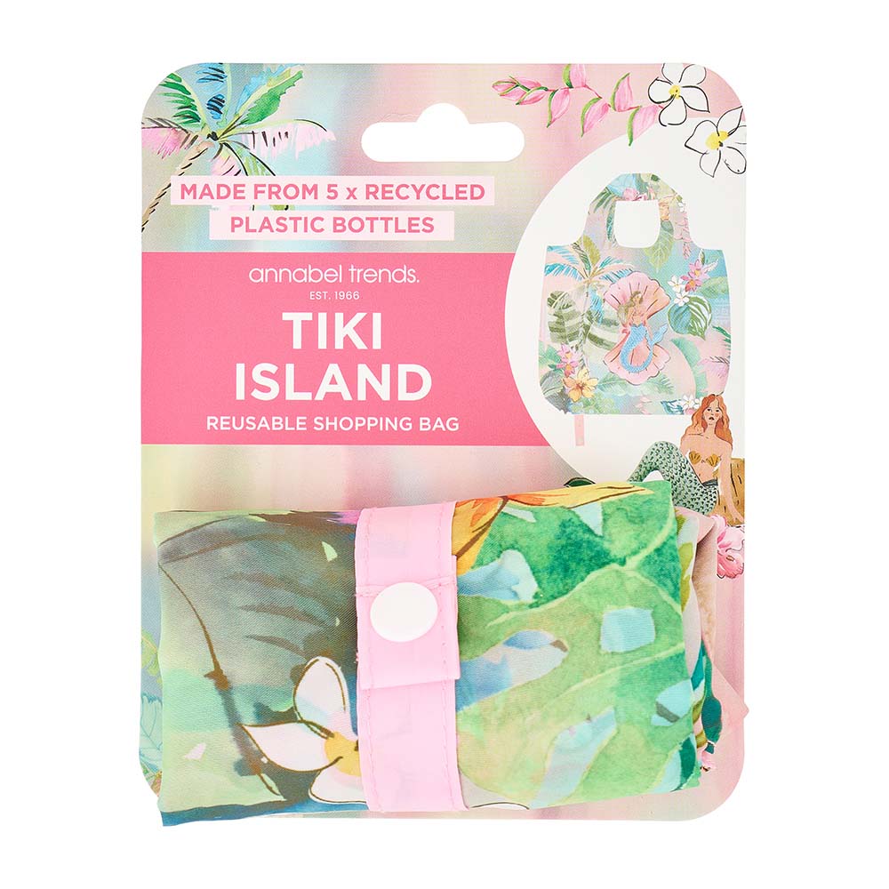 Reusable shopping bag packaging with floral design and text on a white background
