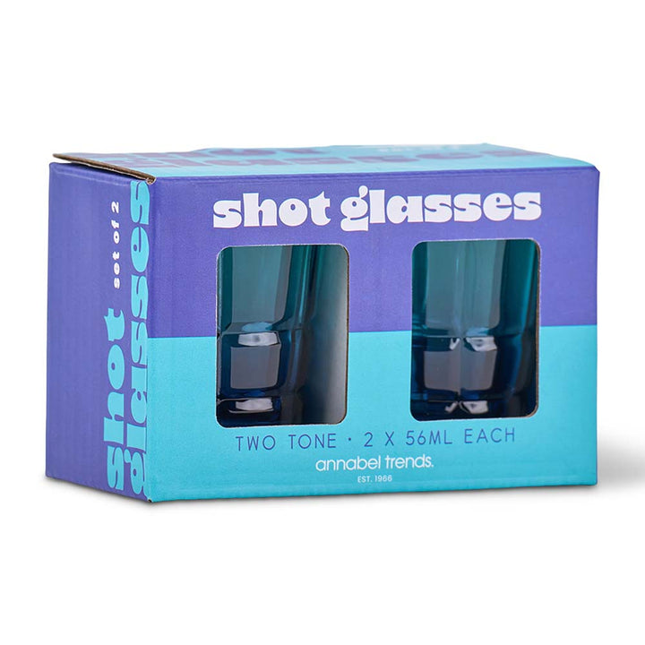 Packaging of two two-tone shot glasses with a blue and purple design.