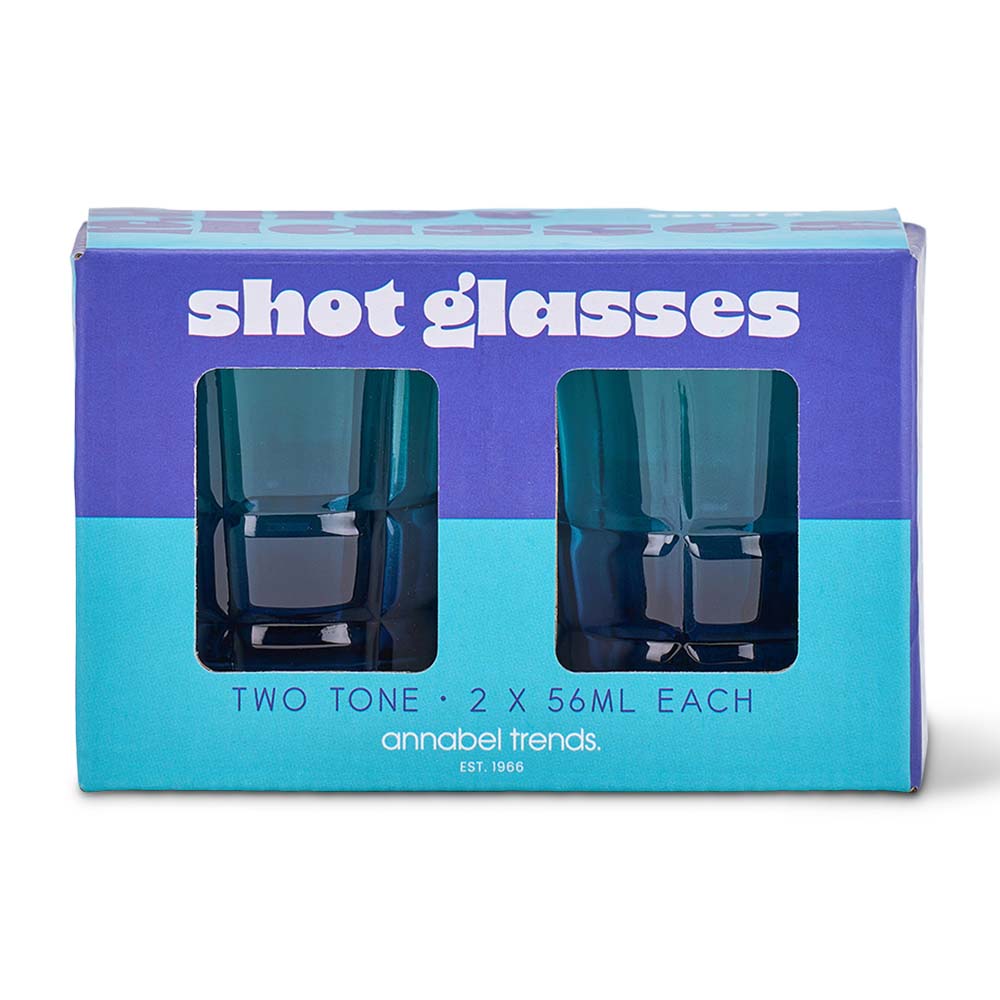 Packaging of two blue shot glasses with a purple and blue design.