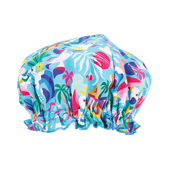 Colorful shower cap with tropical design on a white background