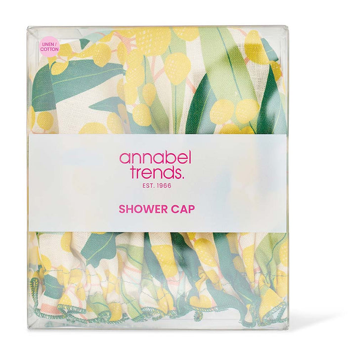 Packaging of an annabel trends shower cap with floral design