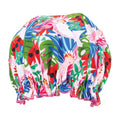 Colorful shower cap with parrot and leaf pattern on a white background