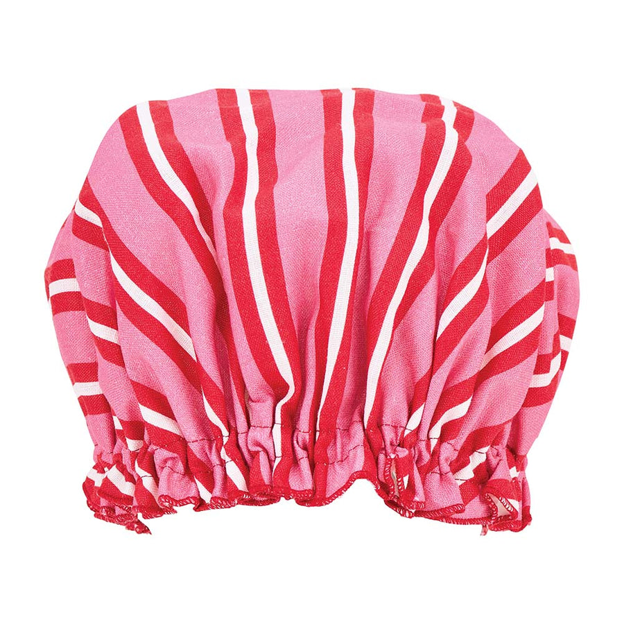 Red and white striped shower cap on a white background