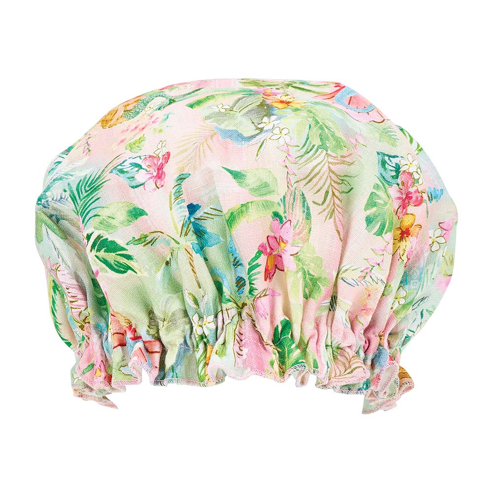 Floral patterned shower cap on a white background