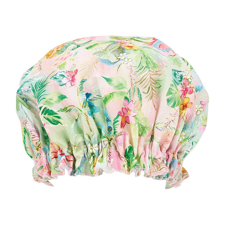 Floral patterned shower cap on a white background