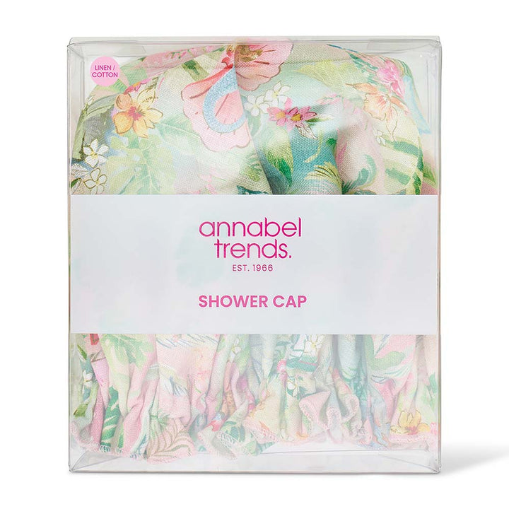 Floral shower cap packaging with 'annabel trends' branding on a white background