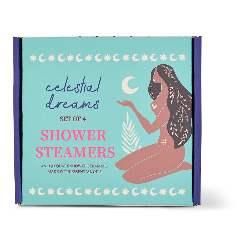 Box of celestial dreams shower steamers with a woman illustration on a light blue background