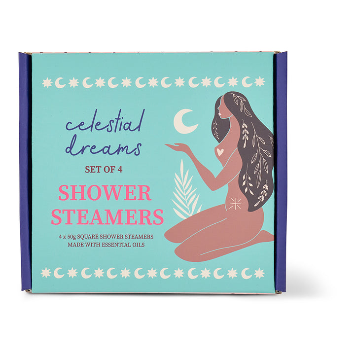 Box of celestial dreams shower steamers with a woman illustration on a light blue background