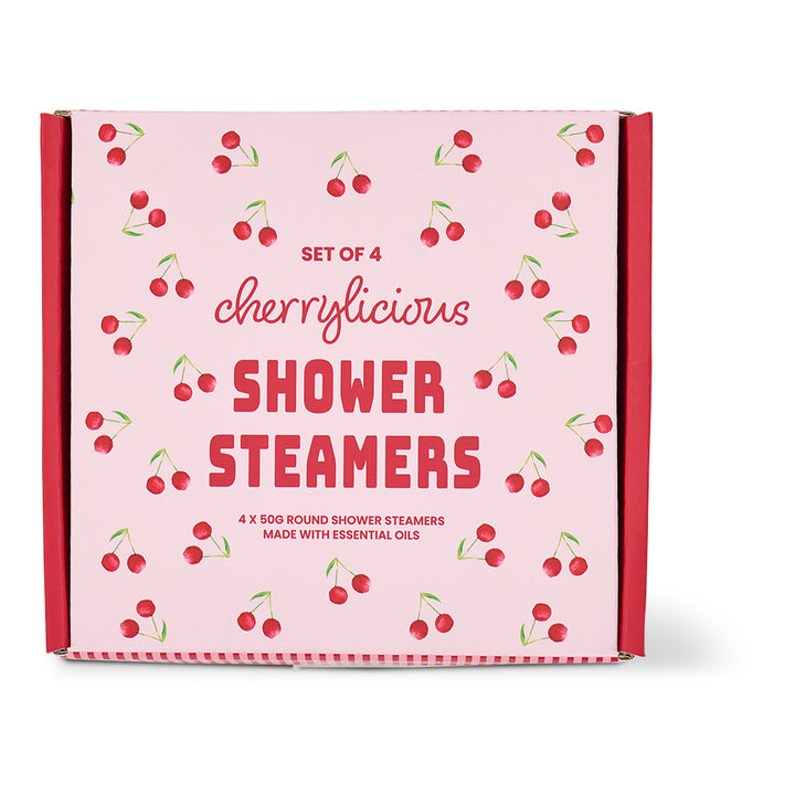Box of cherry-themed shower steamers with pink background and red cherries.