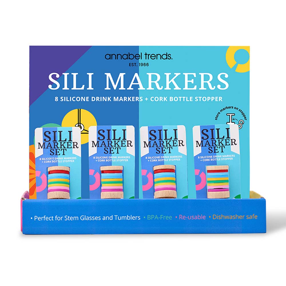 Box of annabel trends Sili Markers with colorful designs on a white background