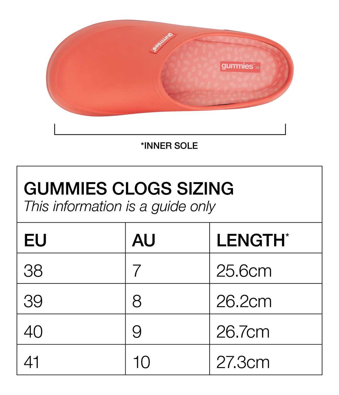 Sizing chart for Gummie clogs