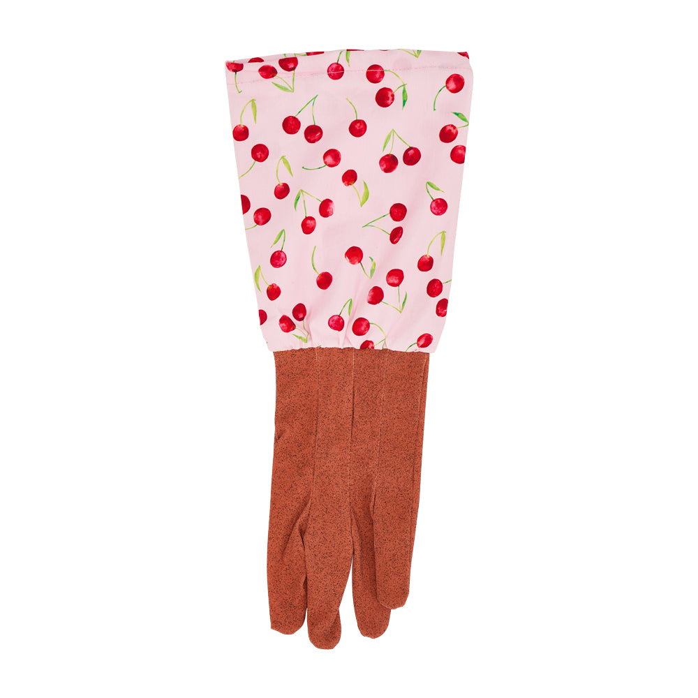 Cotton Gardening Gloves with cherry pattern on pink background