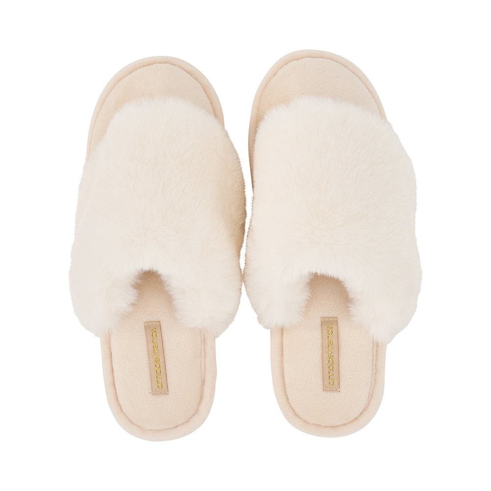 Ivory Cream closed toe fluffy cosy luxe slippers