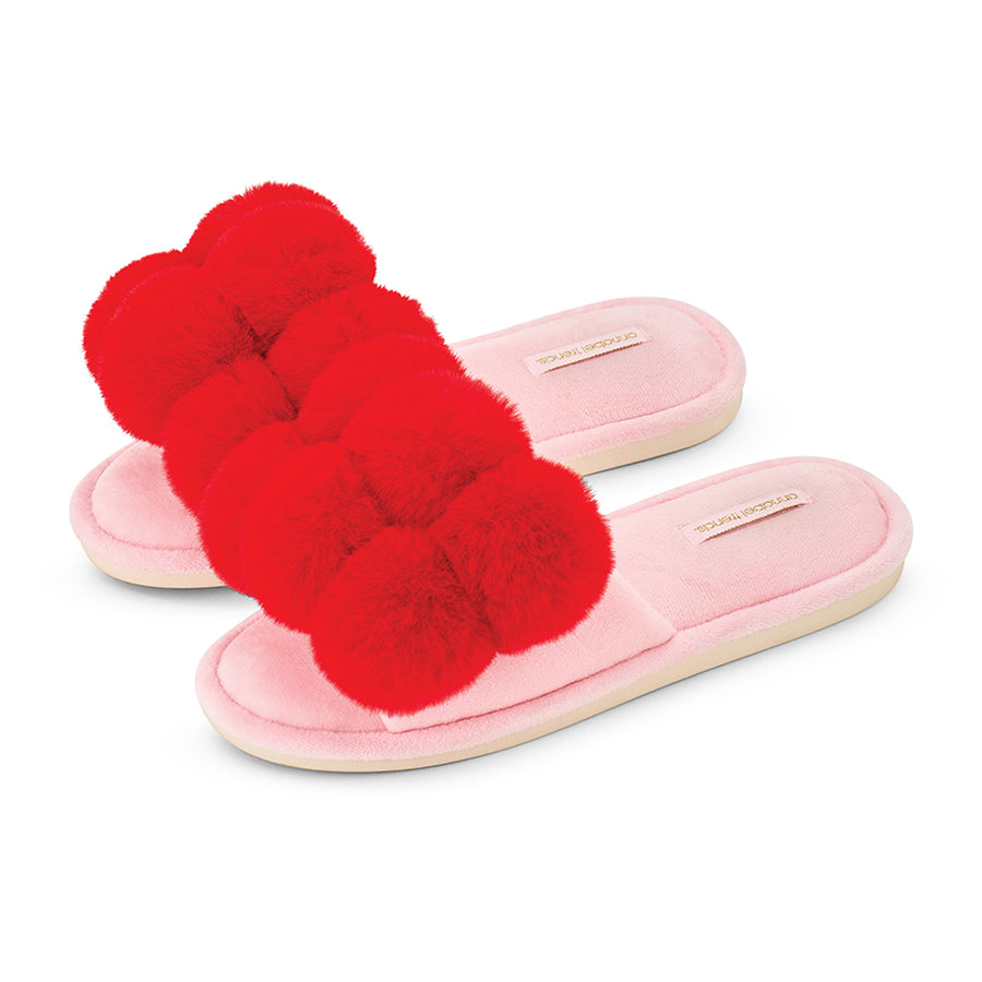 Cherry red and pink pom pom slippers