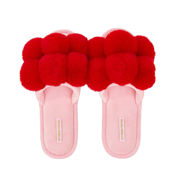 Cherry red and pink pom pom slippers