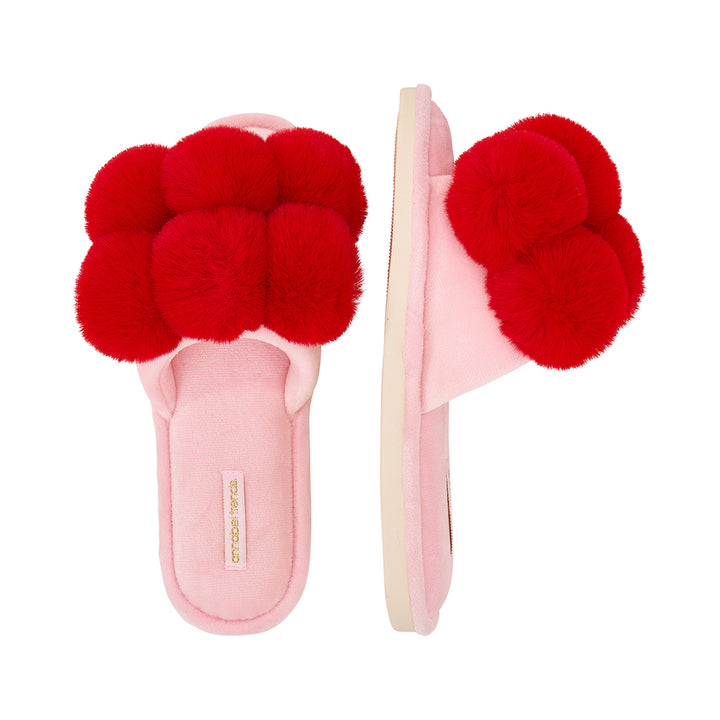 Cherry red and pink pom pom slippers