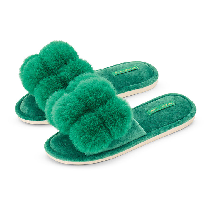Emerald green pom pom slippers