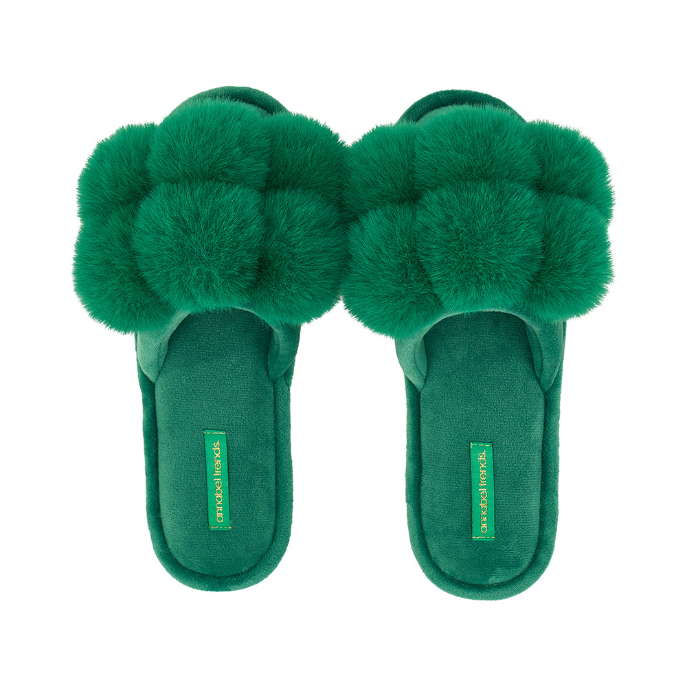 Emerald green pom pom slippers