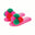 Pair of pink slippers with colorful pom-poms on a white background