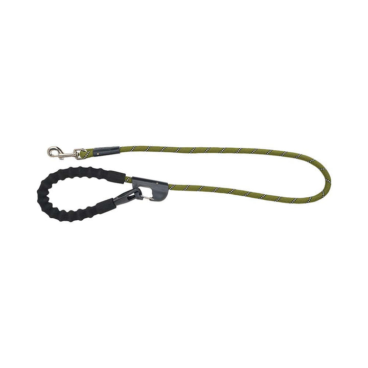 A dog leash with a textured olive green and black braided rope, a black padded loop handle, and silver metal hardware, shown against a plain white background.