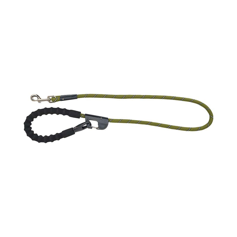 A dog leash with a textured olive green and black braided rope, a black padded loop handle, and silver metal hardware, shown against a plain white background.