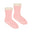 Pair of pink knitted sherpa lined socks on a white background