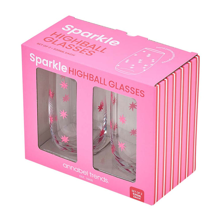 Pink packaging of 'Sparkle Highball Glasses' with clear windows showing the glasses inside.