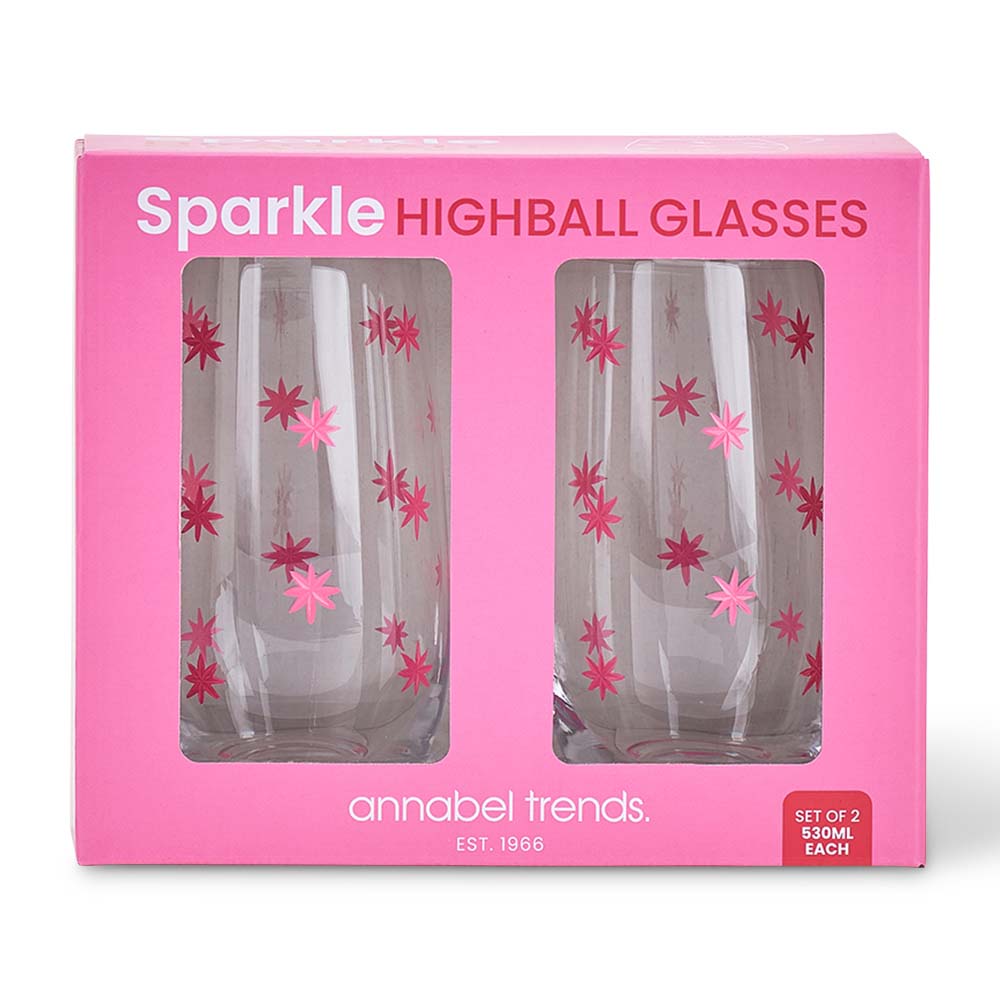 Packaging of Sparkle Highball Glasses with pink stars on a white background
