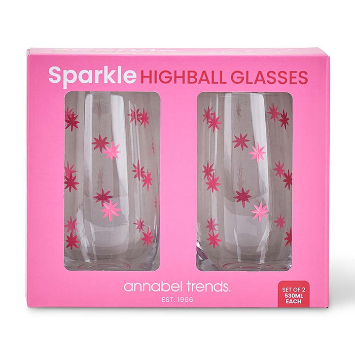 Packaging of Sparkle Highball Glasses with pink stars on a white background